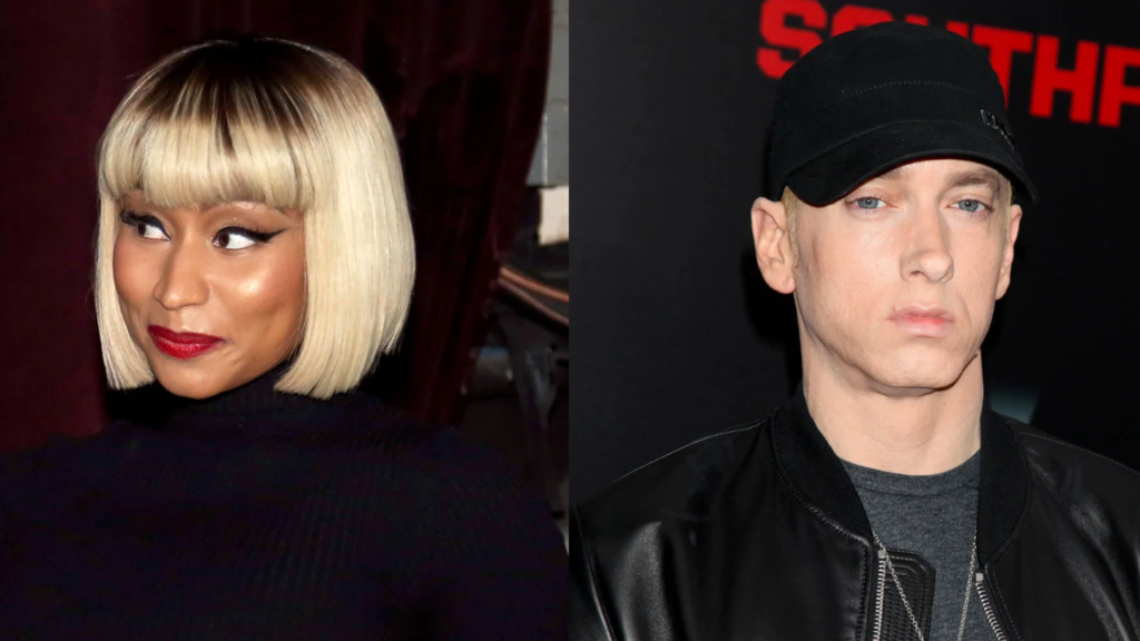 This image shows Nicki Minaj and Eminem smiling.