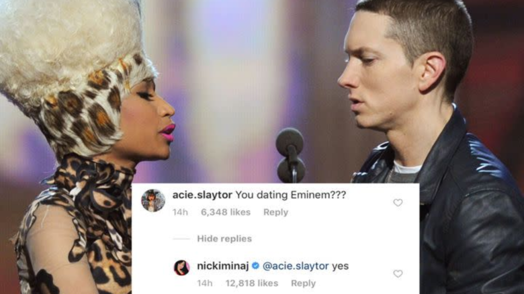 The Image shows Eminem and Nicki Minaj together along with the comment where Nicki confirmed her dating Eminem.